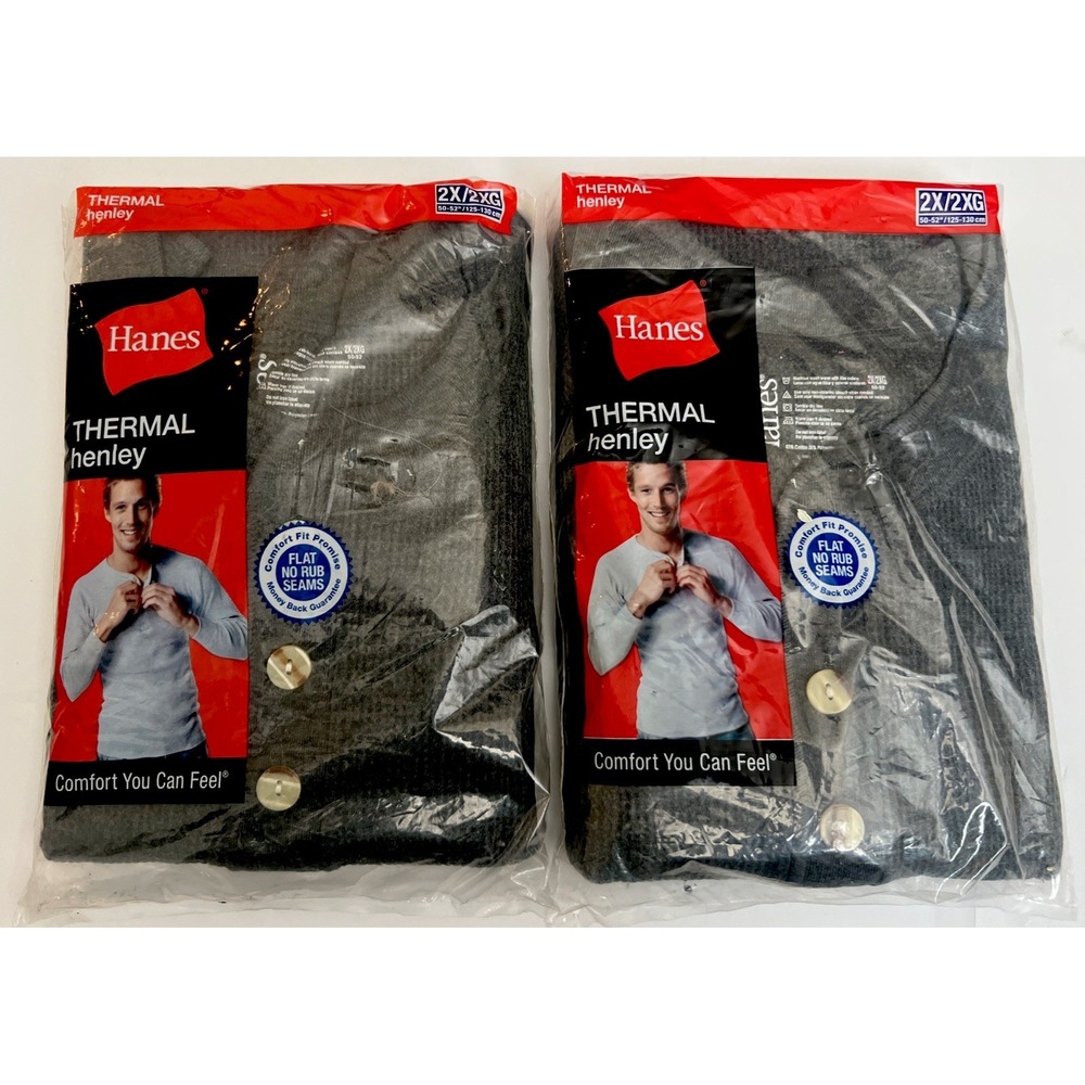 Lot of 2 Hanes Mens Thermal Henley Waffle Knit Shirts 2XL 2- Grey WM03-CH